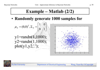 Bayesian Networks                Unit - Approximate Inference in Bayesian Networks                        p. 50



                             Example – Matlab (2/2)
         • Randomly generate 1000 samples for
                                 1 0
              X  (0,0) ,  X  
                             T

                                  0 1
                                      

             y1=randn(1,1000);
             y2=randn(1,1000);
             plot(y1,y2,'.');



         Fu Jen University         Department of Electrical Engineering              Wang, Yuan-Kai Copyright
 