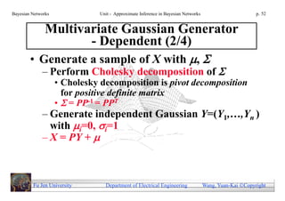 Bayesian Networks              Unit - Approximate Inference in Bayesian Networks                        p. 52


           Multivariate Gaussian Generator
                   - Dependent (2/4)
        • Generate a sample of X with , 
             – Perform Cholesky decomposition of 
                    • Cholesky decomposition is pivot decomposition
                      for positive definite matrix
                    •  = PP-1 = PPT
             – Generate independent Gaussian Y=(Y1,…,Yn )
               with i=0, i=1
             – X = PY + 



         Fu Jen University       Department of Electrical Engineering              Wang, Yuan-Kai Copyright
 