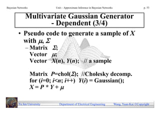 Bayesian Networks            Unit - Approximate Inference in Bayesian Networks                        p. 53


               Multivariate Gaussian Generator
                      - Dependent (3/4)
         • Pseudo code to generate a sample of X
           with , 
               – Matrix ;
                 Vector ;
                 Vector X(n), Y(n); // a sample

                    Matrix P=chol(); //Cholesky decomp.
                    for (i=0; i<n; i++) Y(i) = Gaussian();
                    X=P*Y+

         Fu Jen University     Department of Electrical Engineering              Wang, Yuan-Kai Copyright
 