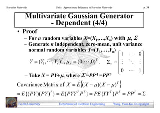 Bayesian Networks            Unit - Approximate Inference in Bayesian Networks                        p. 54


               Multivariate Gaussian Generator
                      - Dependent (4/4)
        • Proof
              – For n random variables X=(X1,…,Xn) with , 
              – Generate n independent, zero-mean, unit variance
                normal random variables Y=(Y1,…,Yn)
                                                           1  0
                Y  (Y1 , , Yn )T , Y  (0, ,0)T , Y      
                                                                  
                                                           0  1 
                                                                  
              – Take X = PY+, where  =PP        -1 =PPT


                                                  
        Covariance Matrix of X  E ( X   )( X   )T                               
         E{( PY )( PY )T }  E{PYY T P T }  PE{YY T }P T  PP T  
         Fu Jen University     Department of Electrical Engineering              Wang, Yuan-Kai Copyright
 