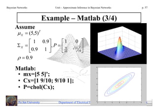 Bayesian Networks                Unit - Approximate Inference in Bayesian Networks                        p. 57



                             Example – Matlab (3/4)
      Assume
         X  (5,5)T
              1 0.9      1                     0 
        X        , P   9                   19 
             0.9 1        10                    10 

          0.9

       Matlab:
        • mx=[5 5]';
        • Cx=[1 9/10; 9/10 1];
        • P=chol(Cx);

         Fu Jen University         Department of Electrical Engineering              Wang, Yuan-Kai Copyright
 