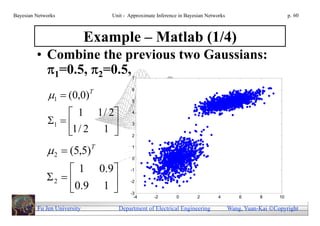 Bayesian Networks                 Unit - Approximate Inference in Bayesian Networks                          p. 60



                             Example – Matlab (1/4)
         • Combine the previous two Gaussians:
           1=0.5, 2=0.5,                7



              1  (0,0)
                                          6
                             T
                                          5


                   1 1 / 2              4

             1  
                   1/ 2 1 
                                          3

                                        2


              2  (5,5)      T           1

                                          0

                   1 0. 9               -1

             2                        -2

                  0.9 1                 -3
                                            -4      -2       0        2         4         6      8      10

         Fu Jen University          Department of Electrical Engineering              Wang, Yuan-Kai Copyright
 