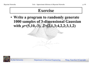 Bayesian Networks            Unit - Approximate Inference in Bayesian Networks                        p. 64



                                     Exercise
         • Write a program to randomly generate
           1000 samples of 3-dimensional Gaussian
           with =(5,10,-3), =(2,1,3;4,2,2;3,1,2)




         Fu Jen University     Department of Electrical Engineering              Wang, Yuan-Kai Copyright
 