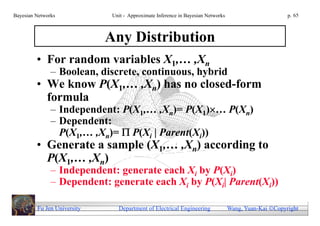 Bayesian Networks             Unit - Approximate Inference in Bayesian Networks                        p. 65



                             Any Distribution
         • For random variables X1,… ,Xn
               – Boolean, discrete, continuous, hybrid
         • We know P(X1,… ,Xn) has no closed-form
           formula
               – Independent: P(X1,… ,Xn)= P(X1)… P(Xn)
               – Dependent:
                 P(X1,… ,Xn)=  P(Xi | Parent(Xi))
         • Generate a sample (X1,… ,Xn) according to
           P(X1,… ,Xn)
               – Independent: generate each Xi by P(Xi)
               – Dependent: generate each Xi by P(Xi| Parent(Xi))

         Fu Jen University      Department of Electrical Engineering              Wang, Yuan-Kai Copyright
 