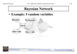 Bayesian Networks                     Unit - Approximate Inference in Bayesian Networks                        p. 69



                                 Bayesian Network
         • Example: 5 random variables
               Burglary              Earthquake


                             Alarm


               John Calls            Mary Calls




         Fu Jen University              Department of Electrical Engineering              Wang, Yuan-Kai Copyright
 