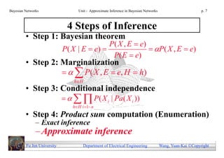 Bayesian Networks                  Unit - Approximate Inference in Bayesian Networks                        p. 7



                              4 Steps of Inference
         • Step 1: Bayesian theorem
                                              P ( X , E  e)
                             P ( X | E  e)                  P ( X , E  e)
                                               P ( E  e)
         • Step 2: Marginalization
                      P( X , E  e, H  h)
                                 hH
         • Step 3: Conditional independence
                       P( X i | Pa ( X i ))
                                hH i 1~ n
         • Step 4: Product sum computation (Enumeration)
               – Exact inference
               – Approximate inference
         Fu Jen University           Department of Electrical Engineering              Wang, Yuan-Kai Copyright
 