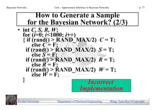 Bayesian Networks            Unit - Approximate Inference in Bayesian Networks                        p. 77


                       How to Generate a Sample
                    for the Bayesian Network? (2/3)
         • int C, S, R, W;
           for (i=0; i<1000; i++)
           { if (rand() > RAND_MAX/2) C = T;
                else C = F;
             if (rand() > RAND_MAX/2) S = T;
                else S = F;
             if (rand() > RAND_MAX/2) R = T;
                else R = F;
             if (rand() > RAND_MAX/2) W = T;
                else W = F;
           }                      Incorrect
                                                   Implementation
         Fu Jen University     Department of Electrical Engineering              Wang, Yuan-Kai Copyright
 