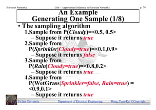 Bayesian Networks            Unit - Approximate Inference in Bayesian Networks                        p. 79

                           An Example
                    Generating One Sample (1/8)
         • The sampling algorithm
               1.Sample from P(Cloudy)=<0.5, 0.5>
                  – Suppose it returns true
               2.Sample from
                 P(Sprinkler|Cloudy=true)=<0.1,0.9>
                  – Suppose it returns false
               3.Sample from
                 P(Rain|Cloudy=true)=<0.8,0.2>
                  – Suppose it returns true
               4.Sample from
                 P(WetGrass|Sprinkler=false, Rain=true) =
                 <0.9,0.1>
                  – Suppose it returns true
         Fu Jen University     Department of Electrical Engineering              Wang, Yuan-Kai Copyright
 