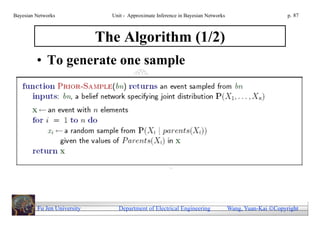 Bayesian Networks              Unit - Approximate Inference in Bayesian Networks                        p. 87



                             The Algorithm (1/2)
         • To generate one sample




         Fu Jen University       Department of Electrical Engineering              Wang, Yuan-Kai Copyright
 