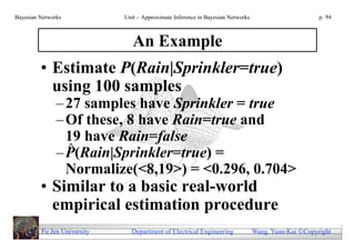 Bayesian Networks            Unit - Approximate Inference in Bayesian Networks                        p. 94



                                An Example
         • Estimate P(Rain|Sprinkler=true)
           using 100 samples
               – 27 samples have Sprinkler = true
               – Of these, 8 have Rain=true and
                 19 have Rain=false
                 
               – P(Rain|Sprinkler=true) =
                 Normalize(<8,19>) = <0.296, 0.704>
         • Similar to a basic real-world
           empirical estimation procedure
         Fu Jen University     Department of Electrical Engineering              Wang, Yuan-Kai Copyright
 