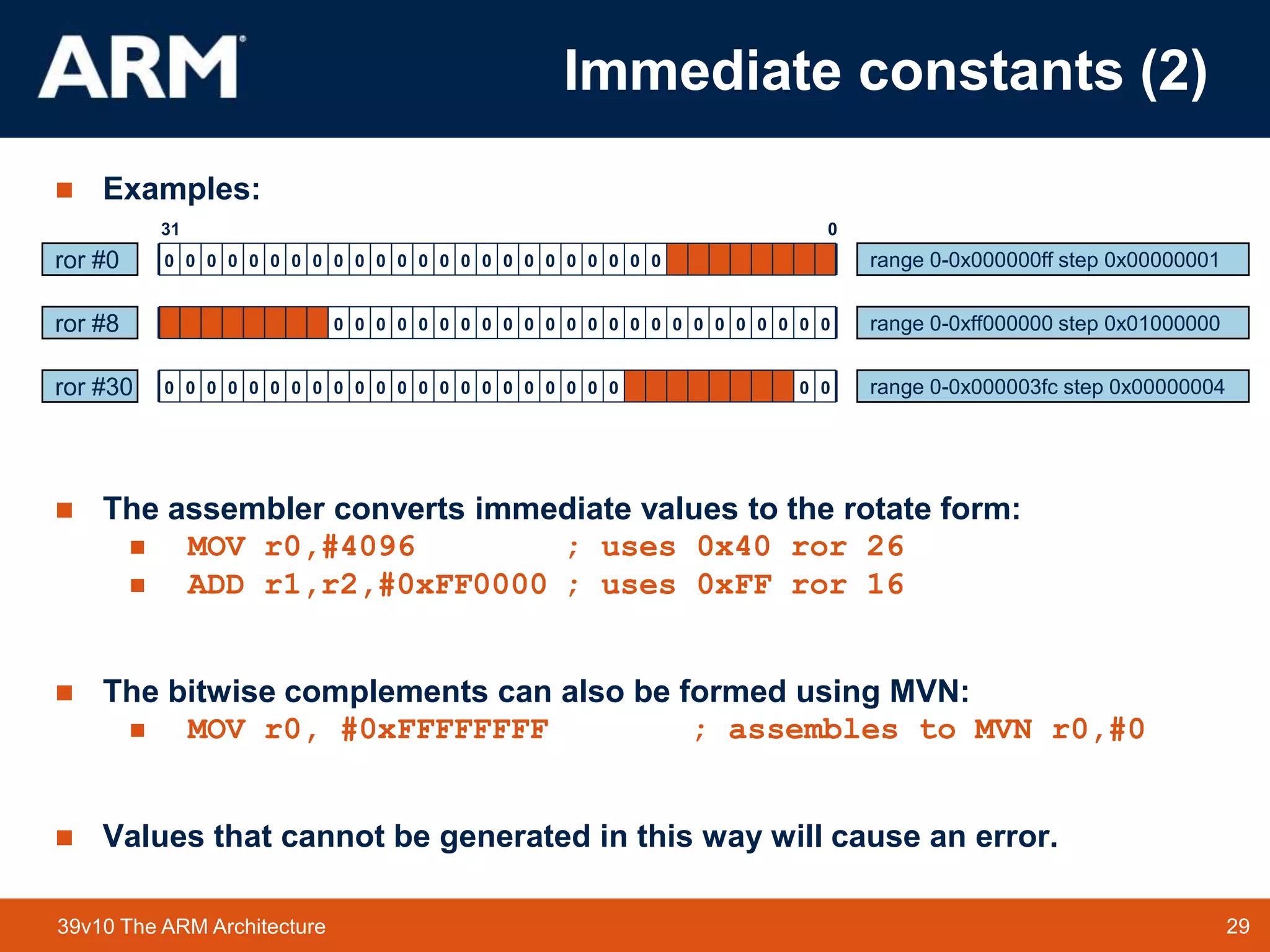 29
TM 29
39v10 The ARM Architecture
 Examples:
 The assembler converts immediate values to the rotate form:
 MOV r0,#4096 ; uses 0x40 ror 26
 ADD r1,r2,#0xFF0000 ; uses 0xFF ror 16
 The bitwise complements can also be formed using MVN:
 MOV r0, #0xFFFFFFFF ; assembles to MVN r0,#0
 Values that cannot be generated in this way will cause an error.
0
31
ror #0
range 0-0xff000000 step 0x01000000
ror #8
range 0-0x000000ff step 0x00000001
range 0-0x000003fc step 0x00000004
ror #30
0 0 0 0 0 0 0 0 0 0 0 0 0 0 0 0 0 0 0 0 0 0 0 0
0 0 0 0 0 0 0 0 0 0 0 0 0 0 0 0 0 0 0 0 0 0 0 0
0 0 0 0 0 0 0 0 0 0 0 0 0 0 0 0 0 0 0 0 0 0 0 0
Immediate constants (2)
 