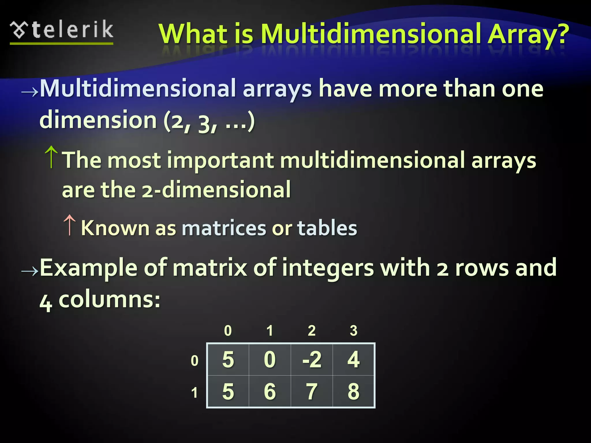 What is Multidimensional Array?
Multidimensional arrays have more than one
dimension (2, 3, …)
The most important multidimensional arrays
are the 2-dimensional
 Known as matrices or tables
Example of matrix of integers with 2 rows and
4 columns:
5 0 -2 4
5 6 7 8
0 1 2 3
0
1
 