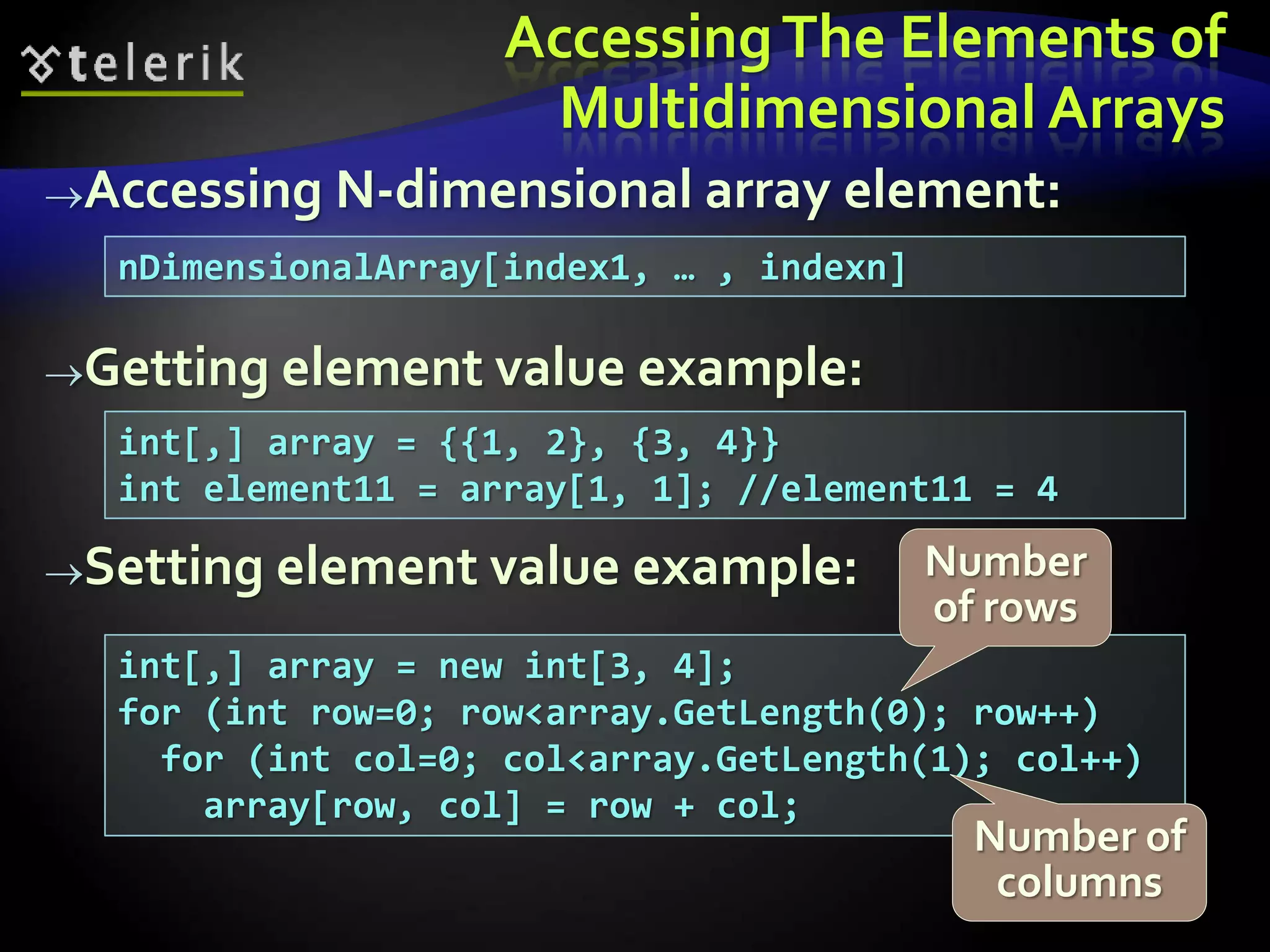 AccessingThe Elements of
Multidimensional Arrays
Accessing N-dimensional array element:
Getting element value example:
Setting element value example:
nDimensionalArray[index1, … , indexn]
int[,] array = {{1, 2}, {3, 4}}
int element11 = array[1, 1]; //element11 = 4
int[,] array = new int[3, 4];
for (int row=0; row<array.GetLength(0); row++)
for (int col=0; col<array.GetLength(1); col++)
array[row, col] = row + col;
Number
of rows
Number of
columns
 