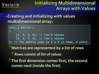 Initializing Multidimensional
Arrays withValues
Creating and initializing with values
multidimensional array:
Matrices are represented by a list of rows
 Rows consist of list of values
The first dimension comes first, the second
comes next (inside the first)
int[,] matrix =
{
{1, 2, 3, 4}, // row 0 values
{5, 6, 7, 8}, // row 1 values
}; // The matrix size is 2 x 4 (2 rows, 4 cols)
 