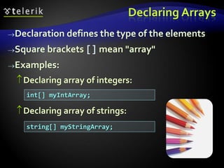 Declaring Arrays
Declaration defines the type of the elements
Square brackets [] mean "array"
Examples:
Declaring array of integers:
Declaring array of strings:
int[] myIntArray;
string[] myStringArray;
 