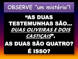 OBSERVE “um mistério”!
“AS DUAS
TESTEMUNHAS SÃO…
DUAS OLIVEIRAS E DOIS
CASTIÇAIS”.
AS DUAS SÃO QUATRO?
É ISSO?
 