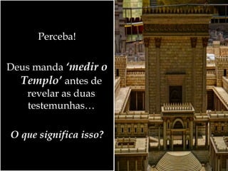 Perceba!
Deus manda ‘medir o
Templo’ antes de
revelar as duas
testemunhas…
O que significa isso?
 
