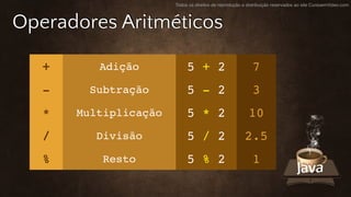 Todos os direitos de reprodução e distribuição reservados ao site CursoemVideo.com
Operadores Aritméticos
+ Adição 5 + 2 7
- Subtração 5 - 2 3
* Multiplicação 5 * 2 10
/ Divisão 5 / 2 2.5
% Resto 5 % 2 1
 