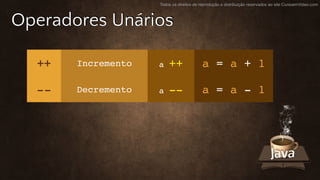 Todos os direitos de reprodução e distribuição reservados ao site CursoemVideo.com
Operadores Unários
++ Incremento a ++ a = a + 1
-- Decremento a -- a = a - 1
 