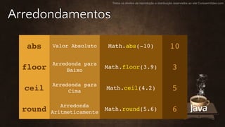 Todos os direitos de reprodução e distribuição reservados ao site CursoemVideo.com
Arredondamentos
abs Valor Absoluto Math.abs(-10) 10
floor
Arredonda para
Baixo
Math.floor(3.9) 3
ceil
Arredonda para
Cima
Math.ceil(4.2) 5
round
Arredonda
Aritmeticamente
Math.round(5.6) 6
 