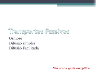 Osmose 
Difusão simples 
Difusão Facilitada 
Não ocorre gasto energético... 
 
