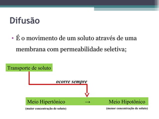 Difusão 
• É o movimento de um soluto através de uma 
membrana com permeabilidade seletiva; 
Transporte de soluto 
ocorre sempre 
Meio Hipertônico → Meio Hipotônico 
(maior concentração de soluto) (menor concentração de soluto) 
 
