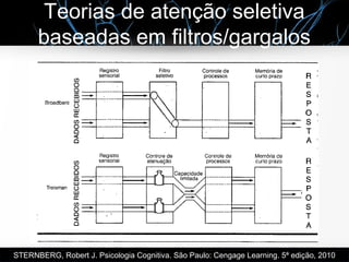 Teorias de atenção seletiva
baseadas em filtros/gargalos
STERNBERG, Robert J. Psicologia Cognitiva. São Paulo: Cengage Learning. 5ª edição, 2010
 