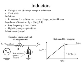 Inductors  Voltage = rate of voltage change x inductance V = L dI/dt Definitions  Inductance L = resistance to current change,  units = Henrys Impedance of inductor:  Z L  = (2   j  f   L) Low frequency = short circuit High frequency = open circuit Inductors rarely used Capacitor charging circuit = Low-pass filter V out log(V out ) log(  f  ) logV in f  = R / 2   j  L High-pass filter response V in  =   V 0  cos(2     f  t) R L I I New schematic  symbol: Inductor 