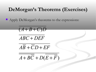 DeMorgan’s Theorems (Exercises)DeMorgan’s Theorems (Exercises)
 Apply DeMorgan’s theorems to the expressions:Apply DeMorgan’s theorems to the expressions:
)(
)(
FEDCBA
EFDCBA
DEFABC
DCBA
+++
++
+
++
 