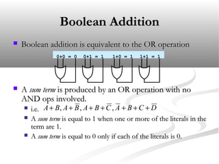 Boolean AdditionBoolean Addition
 Boolean addition is equivalent to the OR operationBoolean addition is equivalent to the OR operation
 AA sum termsum term is produced by an OR operation with nois produced by an OR operation with no
AND ops involved.AND ops involved.
 i.e.i.e.
 AA sum termsum term is equal to 1 when one or more of the literals in theis equal to 1 when one or more of the literals in the
term are 1.term are 1.
 AA sum termsum term is equal to 0 only if each of the literals is 0.is equal to 0 only if each of the literals is 0.
0+0 = 0 0+1 = 1 1+0 = 1 1+1 = 1
DCBACBABABA +++++++ ,,,
 