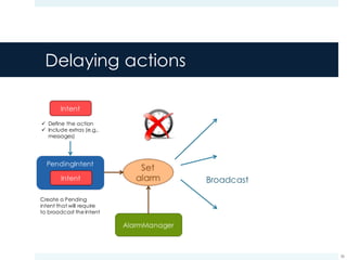 Delaying actions
36
ü Define the action
ü Include extras (e.g.,
messages)
Create a Pending
intent that will require
to broadcast the Intent
Broadcast
 