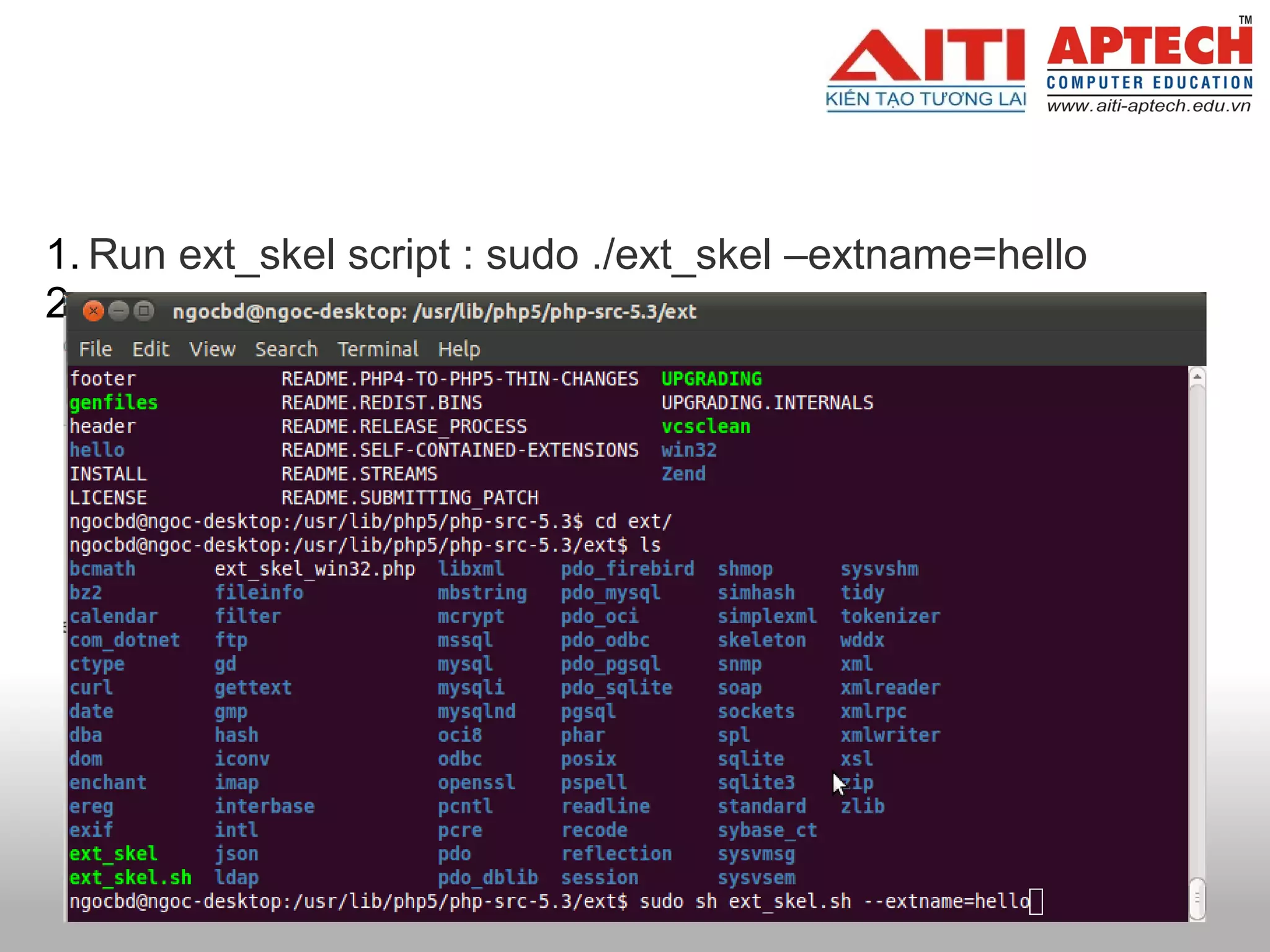 1. Run ext_skel script : sudo ./ext_skel –extname=hello
2.
 
