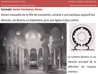 UNIVERSITE SAINT-ESPRIT DE KASLIK                       HISTOIRE ET THEORIE DE L’ARCHITECTURE
I
FACULTE DES BEAUX-ARTS ET DES ARTS APPLIQUES              200920/07/ARCHITECTURE CHRETIENNE

Exemple: Santa Constanza, Rome.
Ancien mausolée de la fille de Constantin, annexé à une basilique aujourd’hui
détruite, est devenu un baptistère, puis une église à plan centré.




                                                        La lumière devient ici un
                                                        élément principal de la
                                                        définition       de     l’espace
                                                        intérieur.
 