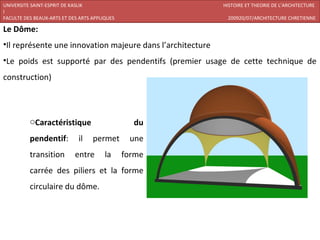 UNIVERSITE SAINT-ESPRIT DE KASLIK                           HISTOIRE ET THEORIE DE L’ARCHITECTURE
I
FACULTE DES BEAUX-ARTS ET DES ARTS APPLIQUES                 200920/07/ARCHITECTURE CHRETIENNE

Le Dôme:
•Il représente une innovation majeure dans l’architecture
•Le poids est supporté par des pendentifs (premier usage de cette technique de
construction)



          oCaractéristique                       du
          pendentif:         il    permet       une
          transition        entre       la     forme
          carrée des piliers et la forme
          circulaire du dôme.
 