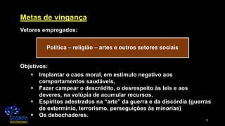 5
Metas de vingança
Vetores empregados:
Política – religião – artes e outros setores sociais
Objetivos:
▪ Implantar o caos moral, em estímulo negativo aos
comportamentos saudáveis,
▪ Fazer campear o descrédito, o desrespeito às leis e aos
deveres, na volúpia de acumular recursos.
▪ Espíritos adestrados na “arte” da guerra e da discórdia (guerras
de extermínio, terrorismo, perseguições às minorias)
▪ Os debochadores.
 