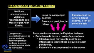 Repercussão na Causa espírita
Médiuns
abandonando a
vigilância
recomendada pelo
Mestre e por Allan
Kardec
Lutas de competição
doentia;
Busca por posições de
relevo.
Fazem-se instrumentos de Espíritos levianos:
▪ Profetismo de terror e revelações confusas,
✓ Introduzem no movimento espírita as
informações inautênticas de que se fazem
portadores,
✓ Estimulam a incompreensão e desordem.
Esquecem-se de
servir à Causa
espírita, a fim de
servir-se dela
Campeões da
insensatez invadem os
grupos sociais e
adquirem prestígio
mediante a astúcia
bem elaborada e a fala
de escrúpulos ...
 