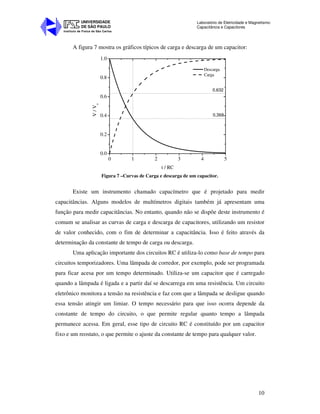 Instituto de Física de São Carlos
UNIVERSIDADE
DE SÃO PAULO
Laboratório de Eletricidade e Magnetismo:
Capacitância e Capacitores
10
A figura 7 mostra os gráficos típicos de carga e descarga de um capacitor:
0 1 2 3 4 5
0.0
0.2
0.4
0.6
0.8
1.0
Descarga
Carga
V/Vo
t / RC
0,632
0,368
Figura 7 –Curvas de Carga e descarga de um capacitor.
Existe um instrumento chamado capacímetro que é projetado para medir
capacitâncias. Alguns modelos de multímetros digitais também já apresentam uma
função para medir capacitâncias. No entanto, quando não se dispõe deste instrumento é
comum se analisar as curvas de carga e descarga de capacitores, utilizando um resistor
de valor conhecido, com o fim de determinar a capacitância. Isso é feito através da
determinação da constante de tempo de carga ou descarga.
Uma aplicação importante dos circuitos RC é utiliza-lo como base de tempo para
circuitos temporizadores. Uma lâmpada de corredor, por exemplo, pode ser programada
para ficar acesa por um tempo determinado. Utiliza-se um capacitor que é carregado
quando a lâmpada é ligada e a partir daí se descarrega em uma resistência. Um circuito
eletrônico monitora a tensão na resistência e faz com que a lâmpada se desligue quando
essa tensão atingir um limiar. O tempo necessário para que isso ocorra depende da
constante de tempo do circuito, o que permite regular quanto tempo a lâmpada
permanece acessa. Em geral, esse tipo de circuito RC é constituído por um capacitor
fixo e um reostato, o que permite o ajuste da constante de tempo para qualquer valor.
 