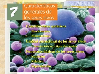 1.

Constituyentes químicos
1.
2.

2.

Unidad estructural de los seres vivos
1.

3.

Bioelementos
Biomoléculas
Características y tipos de células

Funciones básicas de los seres vivos
1.
2.
3.

Nutrición
Relación
Reproducción

 