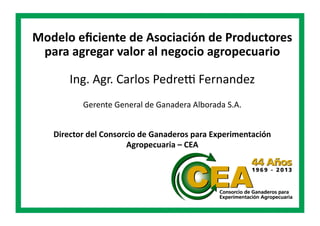 Modelo	
  eﬁciente	
  de	
  Asociación	
  de	
  Productores	
  
para	
  agregar	
  valor	
  al	
  negocio	
  agropecuario	
  
Ing.	
  Agr.	
  Carlos	
  Pedre0	
  Fernandez	
  
Gerente	
  General	
  de	
  Ganadera	
  Alborada	
  S.A.	
  
Director	
  del	
  Consorcio	
  de	
  Ganaderos	
  para	
  Experimentación	
  
Agropecuaria	
  –	
  CEA	
  
 