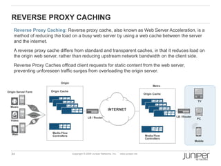 REVERSE PROXY CACHING
    Reverse Proxy Caching: Reverse proxy cache, also known as Web Server Acceleration, is a
    method of reducing the load on a busy web server by using a web cache between the server
    and the internet.
    A reverse proxy cache differs from standard and transparent caches, in that it reduces load on
    the origin web server, rather than reducing upstream network bandwidth on the client side.

    Reverse Proxy Caches offload client requests for static content from the web server,
    preventing unforeseen traffic surges from overloading the origin server.

                             Origin
                                                                                                        Metro

Origin Server Farm    Origin Cache
                                                                                                  Origin Cache

                                                                                                                                 TV

  Music
                                                                     INTERNET

                                                   LB / Router                                                   LB / Router
                                                                                                                                PC
  Video



   Web                 Media Flow
                       Controllers                                                                 Media Flow
                                                                                                   Controllers
                                                                                                                               Mobile



  34                                  Copyright © 2009 Juniper Networks, Inc.   www.juniper.net
 