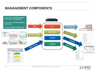 MANAGEMENT COMPONENTS

mfd(config) # int eth0 ip address
172.19.172.13 255.255.255.0

mfd (config) # int default-gateway
172.19.172.1
                                         SSH                                     CLI                Email Alerts
mfd(config) #show interface eth0


                                                                         Web GUI
                                     HTTP/HTTPS
                                                                       1000 @ 2 Mbps
                                                                            SNMP


                                                                          Logging




 38                                    Copyright © 2009 Juniper Networks, Inc.    www.juniper.net
 
