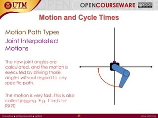 Motion and Cycle Times
Motion Path Types
Joint Interpolated
Motions
The new joint angles are
calculated, and the motion is
executed by driving those
angles without regard to any
specific path.
The motion is very fast. This is also
called jogging. E.g. 11m/s for
RX90
25
 