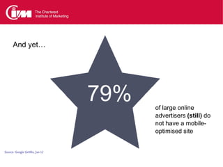 And yet…




                               79%   of large online
                                     advertisers (still) do
                                     not have a mobile-
                                     optimised site


Source: Google GetMo, Jan 12
 