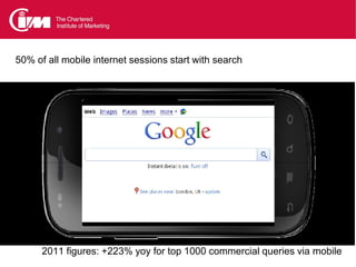 50% of all mobile internet sessions start with search




      2011 figures: +223% yoy for top 1000 commercial queries via mobile
 