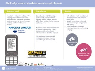 SMS helps reduce cab-related sexual assaults by 46%


Business need                                    The solution                                        Results

As part of a print, poster, radio and TV         Subscribers text HOME to 60835                      • 46% reduction in cab-related sexual
campaign for a safer London, a text              (spells “GoTFL) and receive local,                    attacks on women over five years
message service was created to give out          licensed, minicab and taxi booking-                   (2002 -2007)
booking numbers for licensed minicab             office phone numbers for the area they              • Just 4% women used unlicensed
and black cab firms in the user’s                are texting from.                                     minicabs in 2007 in comparison to
location.                                                                                              18% in 2003
                                                                                                     • 100% year on year increase in
                                                 A Location Based Service search is used               monthly uptake since new branding
                                                 to pinpoint the subscriber’s exact                    campaign
                                                 location, enabling the relevant
                                                 information to be identified and sent.

                                                 The database of 45,000 licensed
 FROM: 60835
 Local licensed
 minicabs: Reliable
                                                 minicab operators and drivers is
                                                 updated daily to maximise safety.                         4%
 Radio cars
 02086716666, P&L
                                                                                                        Unlicensed cab
 Car Service
 02077339582. For a
                                                                                                             use
 Black Cab, call ONE
 NUMBER on



                                                                                                                             46%
 08718718710




                                                                                                                         Reduction in cab-
                                                                                                                          related attacks




                                                               Case study: CRM                                         beinspired@incentivated.com
                                           Travel & Tourism | Public Sector: TfL & Mayor of London                     www.incentivated.com
 