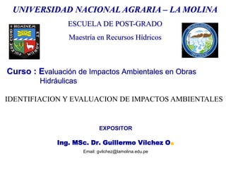 Curso : Evaluación de Impactos Ambientales en Obras
Hidráulicas
EXPOSITOR
Ing. MSc. Dr. Guillermo Vílchez O.
Email: gvilchez@lamolina.edu.pe
UNIVERSIDAD NACIONAL AGRARIA – LA MOLINA
ESCUELA DE POST-GRADO
Maestría en Recursos Hídricos
IDENTIFIACION Y EVALUACION DE IMPACTOS AMBIENTALES
 