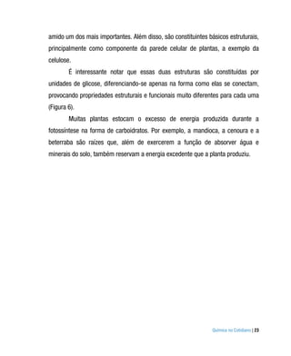 amido um dos mais importantes. Além disso, são constituintes básicos estruturais,
principalmente como componente da parede celular de plantas, a exemplo da
celulose.
        É interessante notar que essas duas estruturas são constituídas por
unidades de glicose, diferenciando-se apenas na forma como elas se conectam,
provocando propriedades estruturais e funcionais muito diferentes para cada uma
(Figura 6).
        Muitas plantas estocam o excesso de energia produzida durante a
fotossíntese na forma de carboidratos. Por exemplo, a mandioca, a cenoura e a
beterraba são raízes que, além de exercerem a função de absorver água e
minerais do solo, também reservam a energia excedente que a planta produziu.




                                                               Química no Cotidiano | 23
 