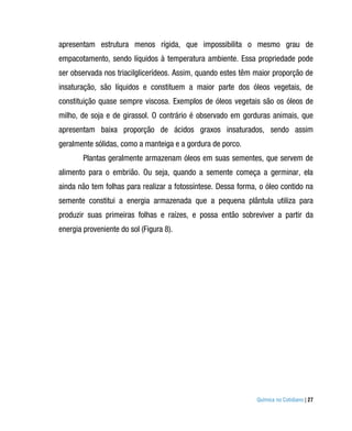apresentam estrutura menos rígida, que impossibilita o mesmo grau de
empacotamento, sendo líquidos à temperatura ambiente. Essa propriedade pode
ser observada nos triacilglicerídeos. Assim, quando estes têm maior proporção de
insaturação, são líquidos e constituem a maior parte dos óleos vegetais, de
constituição quase sempre viscosa. Exemplos de óleos vegetais são os óleos de
milho, de soja e de girassol. O contrário é observado em gorduras animais, que
apresentam baixa proporção de ácidos graxos insaturados, sendo assim
geralmente sólidas, como a manteiga e a gordura de porco.
        Plantas geralmente armazenam óleos em suas sementes, que servem de
alimento para o embrião. Ou seja, quando a semente começa a germinar, ela
ainda não tem folhas para realizar a fotossíntese. Dessa forma, o óleo contido na
semente constitui a energia armazenada que a pequena plântula utiliza para
produzir suas primeiras folhas e raízes, e possa então sobreviver a partir da
energia proveniente do sol (Figura 8).




                                                               Química no Cotidiano | 27
 