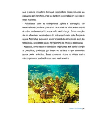 para o sistema circulatório, hormonal e respiratório. Essas moléculas são
produzidas por mamíferos, mas são também encontradas em espécies de
corais marinhos.
- Policetídeos, como as naftoquinonas juglona e plumbagina, são
encontradas em plantas e possuem a capacidade de inibir o crescimento
de outras plantas competidoras que estão na vizinhança. Outros exemplos
são as aflatoxinas, substâncias muito tóxicas produzidas pelos fungos do
gênero Aspergillus, que podem ocorrer em produtos alimentícios, além das
tetraciclinas, antibióticos usados no tratamento de infecções bacterianas.
- Peptídeos, outra classe de compostos importantes, têm como exemplo
as penicilinas, produzidas por fungos ou bactérias e que apresentam
grande poder antibiótico. Esses compostos atuam na defesa contra
microorganismos, sendo utilizados como medicamentos.




                       O
                H
                                                O
                   H           O      H
                                       O          O
                                            O
                           O

                                   Clavulona II
                                   estrutura de prostaglandina




                                                             Química no Cotidiano | 37
 