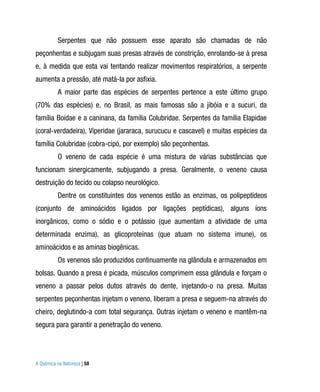 Serpentes que não possuem esse aparato são chamadas de não
peçonhentas e subjugam suas presas através de constrição, enrolando-se à presa
e, à medida que esta vai tentando realizar movimentos respiratórios, a serpente
aumenta a pressão, até matá-la por asfixia.
          A maior parte das espécies de serpentes pertence a este último grupo
(70% das espécies) e, no Brasil, as mais famosas são a jibóia e a sucuri, da
família Boidae e a caninana, da família Colubridae. Serpentes da família Elapidae
(coral-verdadeira), Viperidae (jararaca, surucucu e cascavel) e muitas espécies da
família Colubridae (cobra-cipó, por exemplo) são peçonhentas.
          O veneno de cada espécie é uma mistura de várias substâncias que
funcionam sinergicamente, subjugando a presa. Geralmente, o veneno causa
destruição do tecido ou colapso neurológico.
          Dentre os constituintes dos venenos estão as enzimas, os polipeptídeos
(conjunto de aminoácidos ligados por ligações peptídicas), alguns íons
inorgânicos, como o sódio e o potássio (que aumentam a atividade de uma
determinada enzima), as glicoproteínas (que atuam no sistema imune), os
aminoácidos e as aminas biogênicas.
          Os venenos são produzidos continuamente na glândula e armazenados em
bolsas. Quando a presa é picada, músculos comprimem essa glândula e forçam o
veneno a passar pelos dutos através do dente, injetando-o na presa. Muitas
serpentes peçonhentas injetam o veneno, liberam a presa e seguem-na através do
cheiro, deglutindo-a com total segurança. Outras injetam o veneno e mantêm-na
segura para garantir a penetração do veneno.




A Química na Natureza | 50
 